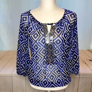 INC Blue Black White Blouse 3/4 sleeve Geometric Print Silver Sequins Women’s S